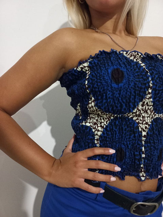 TOP FASCIA VIRGOLINO TESSUTO WAX CERCHI BLU